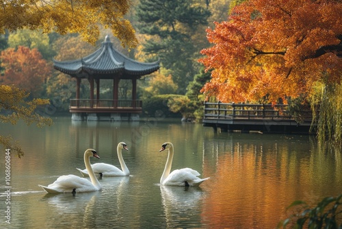 Swans swimming in pond near traditional chinese gazebo in autumn