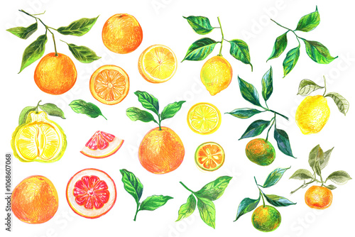 Food Illustrations Vegetables and fruits Colored Pencils. Clipart Sketches of Food. Citrus fruits. Orange, grapefruit, lemon, tangerine, Calamansi, Ugli fruit