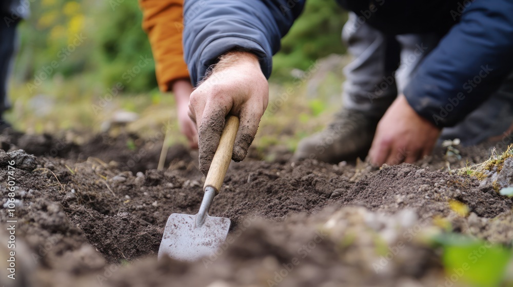 A close-up of tools used in archaeological fieldwork, as researchers carefully dig and brush away soil A close-up of tools used in archaeological fieldwork, as researchers carefully dig and brush away soil