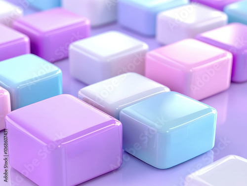 Glossy pastel cubes in minimalistic style create soothing and modern aesthetic. soft hues of purple, pink, and blue blend seamlessly, evoking sense of calm and creativity