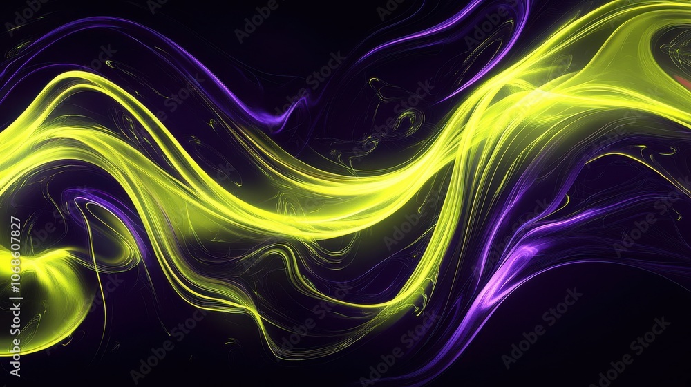 Obraz premium Abstract vibrant swirls of yellow and purple against a dark background, creating a sense of dynamic movement.