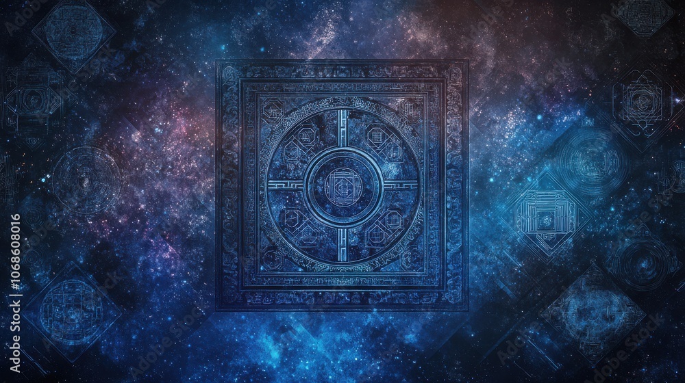 Naklejka premium A mystical blue mandala design floating in a galaxy of stars, evoking a sense of cosmic wonder and serenity.