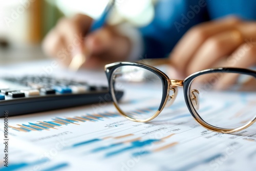 A pair of glasses rests atop a detailed financial report, underscoring themes of clarity, focus, and meticulous examination in financial analytics.