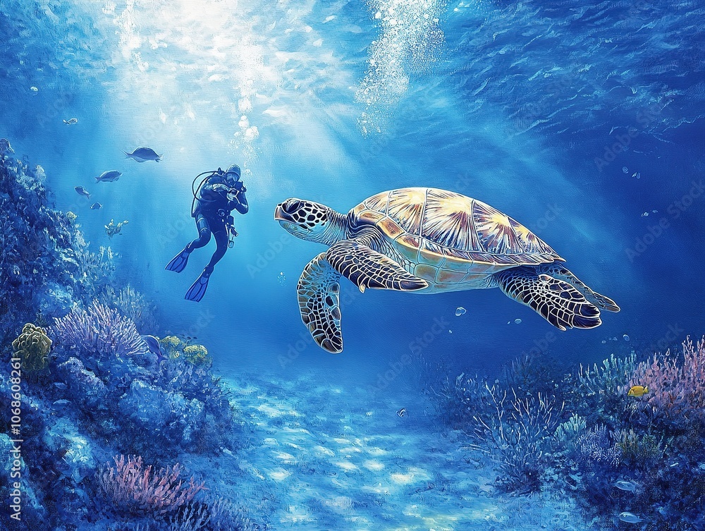 Obraz premium Scuba diver with large sea turtle in colorful coral reef.
