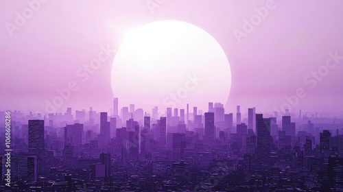 A stunning city skyline at sunset, featuring a vibrant purple sky and a massive sun in the background.