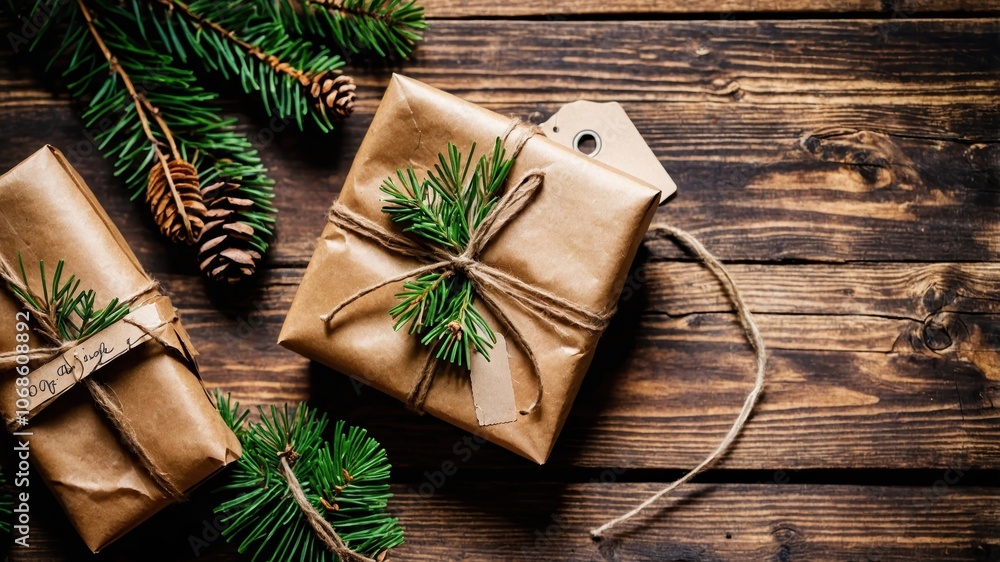 Eco-friendly Christmas gift wrapping with natural pine branches, creating a rustic and sustainable holiday look with minimalistic charm Eco-friendly Christmas gift wrapping with natural pine branches, creating a rustic and sustainable holiday look with minimalistic charm