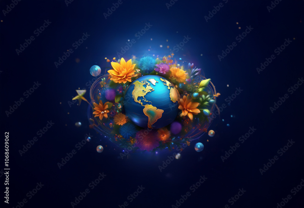 Naklejka premium A blue and green globe surrounded by vibrant flowers, glowing orbs, and abstract swirls on a deep blue background.