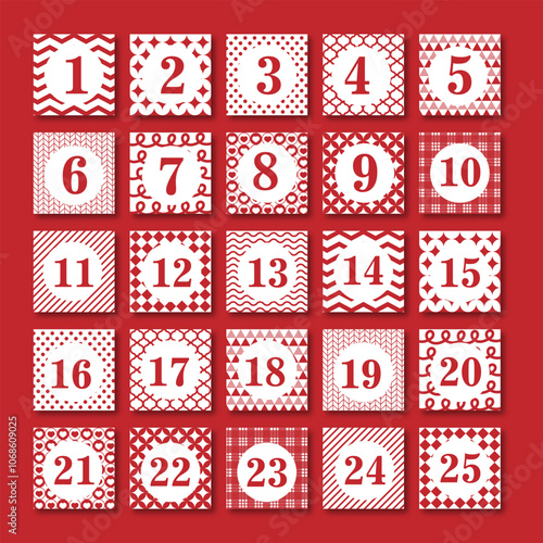 Advent calendar for 25 red with different patterns