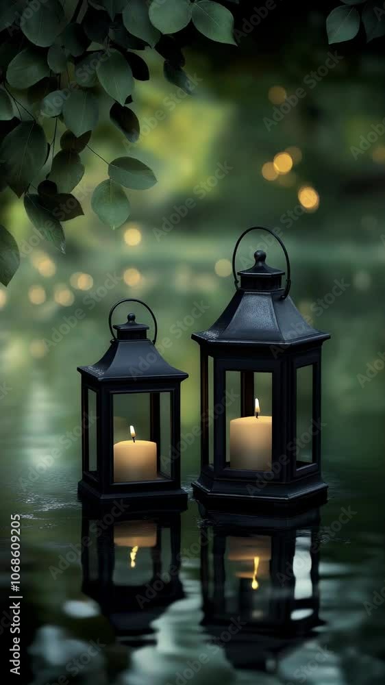 Candle lanterns reflecting on calm water in a forest, vertical footage Candle lanterns reflecting on calm water in a forest, vertical footage