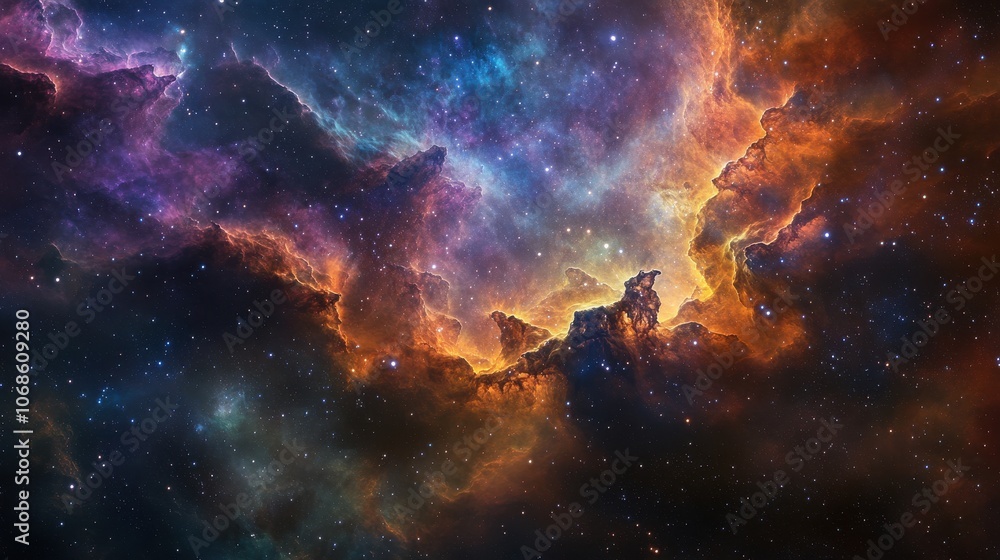 Obraz premium A stunning view of a vibrant nebula showcasing vivid colors and swirling gases in the vastness of space.