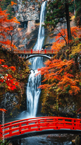 Two red bridge a large blossom orange yellow leaves and high waterfalls background