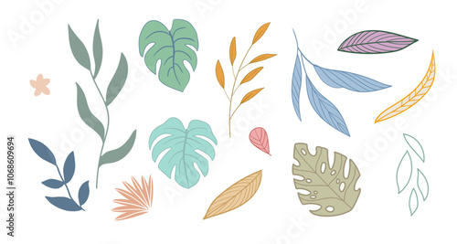 Abstract design elements set of flat exotic leaves