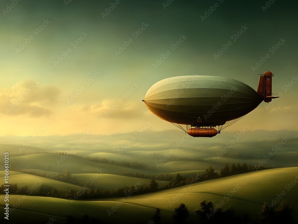 Steampunk inspired dirigible freight convoys soar over rolling hills at golden hour utilizing advanced lighter than air technology and automated cargo loading systems for efficient networked logistics Steampunk inspired dirigible freight convoys soar over rolling hills at golden hour utilizing advanced lighter than air technology and automated cargo loading systems for efficient networked logistics