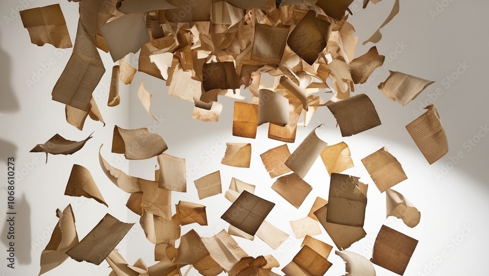 A vast, scattered collection of aged, creased, and yellowed sheets of paper, each with unique tears, folds, and worn edges, is dramatically lit and suspended in mid-air, isolated against a pristine, p A vast, scattered collection of aged, creased, and yellowed sheets of paper, each with unique tears, folds, and worn edges, is dramatically lit and suspended in mid-air, isolated against a pristine, p