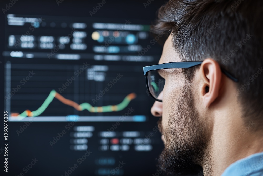 A man with glasses closely examines a complex graph on a computer screen, focusing intently on the fluctuating data points and trends displayed. A man with glasses closely examines a complex graph on a computer screen, focusing intently on the fluctuating data points and trends displayed.