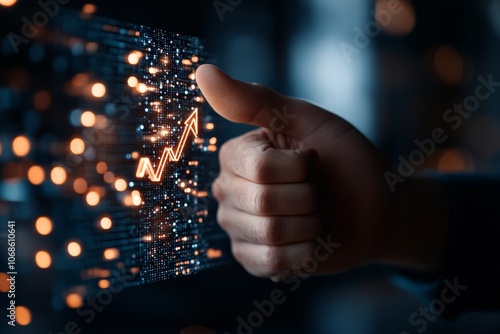 A hand giving a thumbs-up gesture next to a digital graph representing growth, illuminated with orange lights in a futuristic setting.