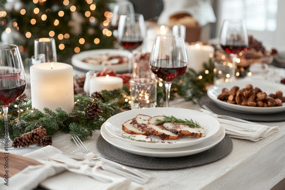 A beautifully arranged holiday dinner table featuring candles, wine glasses, gourmet dishes, and seasonal decorations, setting a warm and elegant atmosphere for celebration. A beautifully arranged holiday dinner table featuring candles, wine glasses, gourmet dishes, and seasonal decorations, setting a warm and elegant atmosphere for celebration.