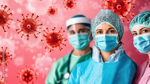 A team of frontline medical professionals including doctors and nurses wearing personal protective equipment PPE such as face masks standing together in a hospital setting