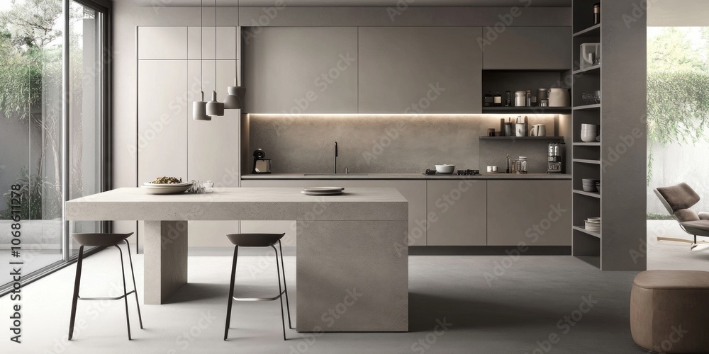 Modern Kitchen Island with Concrete Countertop and Pendant Lights Modern Kitchen Island with Concrete Countertop and Pendant Lights