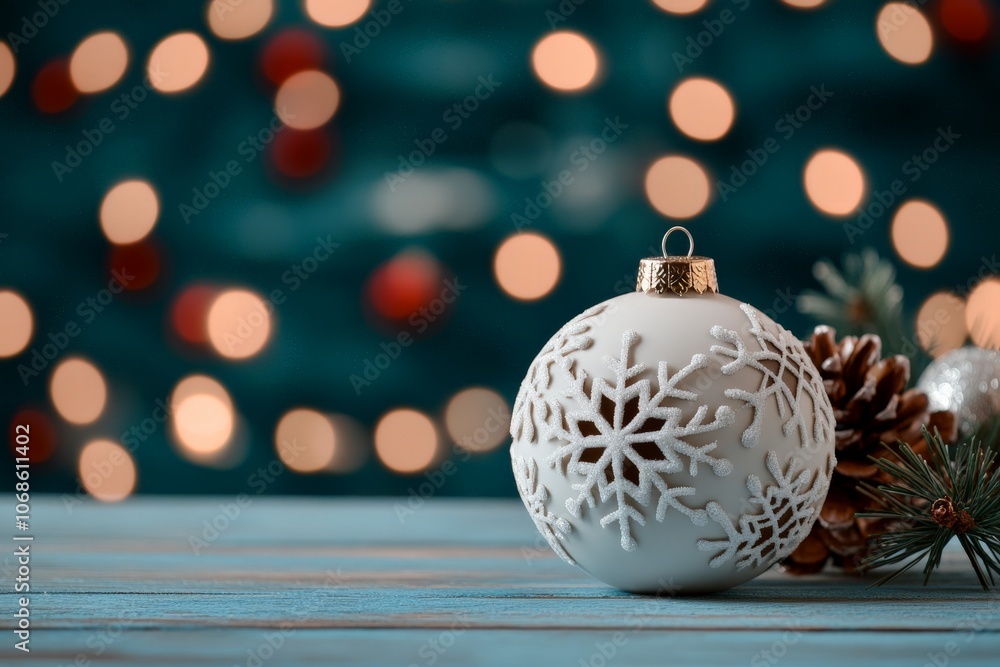 A beautiful white Christmas ornament with intricate snowflake designs is displayed with warm bokeh lights in the background, evoking festive and joyous holiday spirits. A beautiful white Christmas ornament with intricate snowflake designs is displayed with warm bokeh lights in the background, evoking festive and joyous holiday spirits.