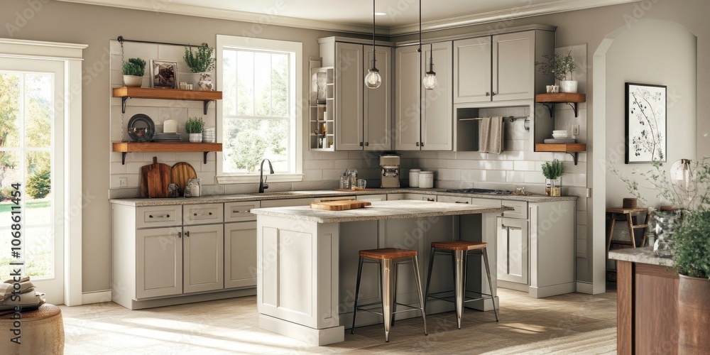 Modern Kitchen with Grey Cabinets, Island, and Wooden Stools Modern Kitchen with Grey Cabinets, Island, and Wooden Stools