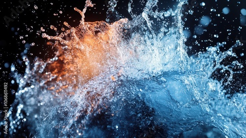 Dynamic Water Explosion: Abstract Digital Background with Bold Color Contrasts, Perfect for High-Energy Fitness and Sports Marketing. High-Resolution Design.