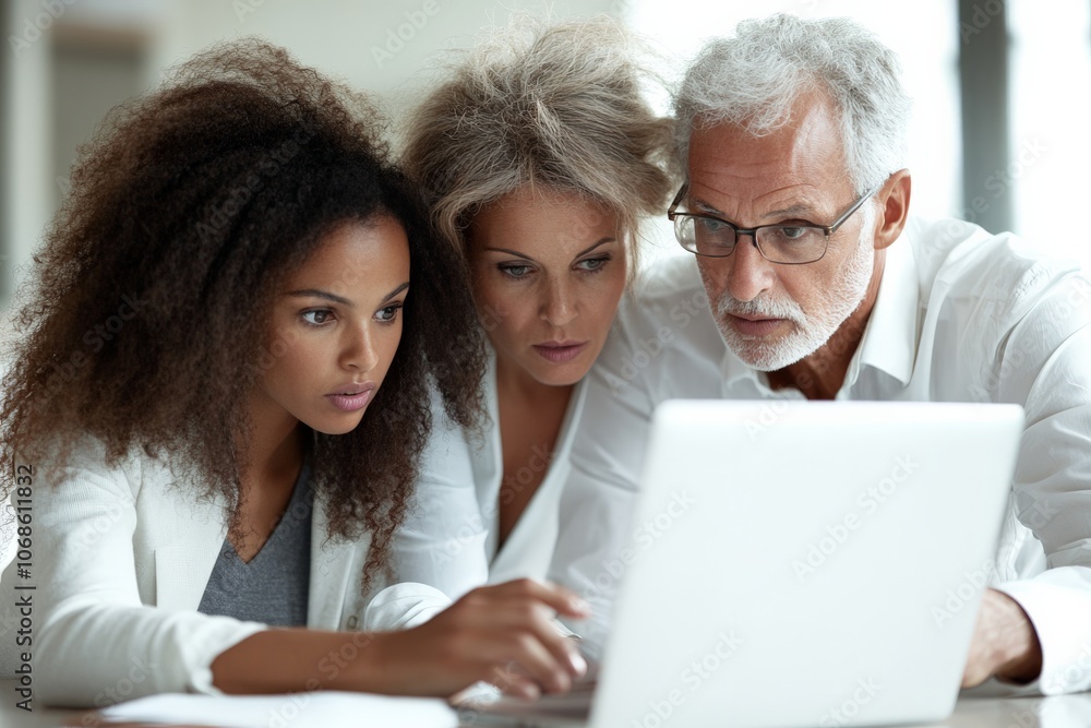 A multigenerational team intensely researching around a laptop, embodying diversity, focus, and collaborative problem-solving in a modern work setting. A multigenerational team intensely researching around a laptop, embodying diversity, focus, and collaborative problem-solving in a modern work setting.