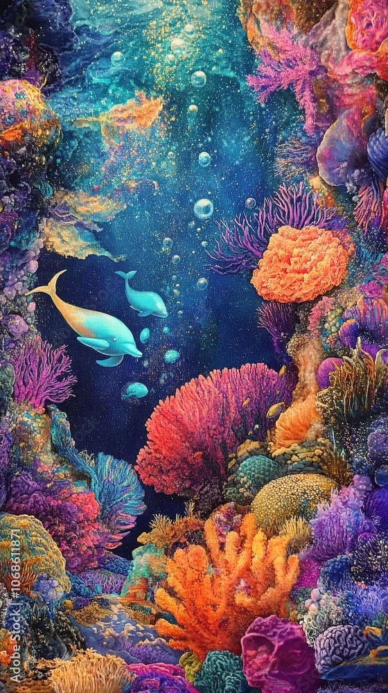 Obraz premium Fantasy underwater world with dolphin and glowing corals.