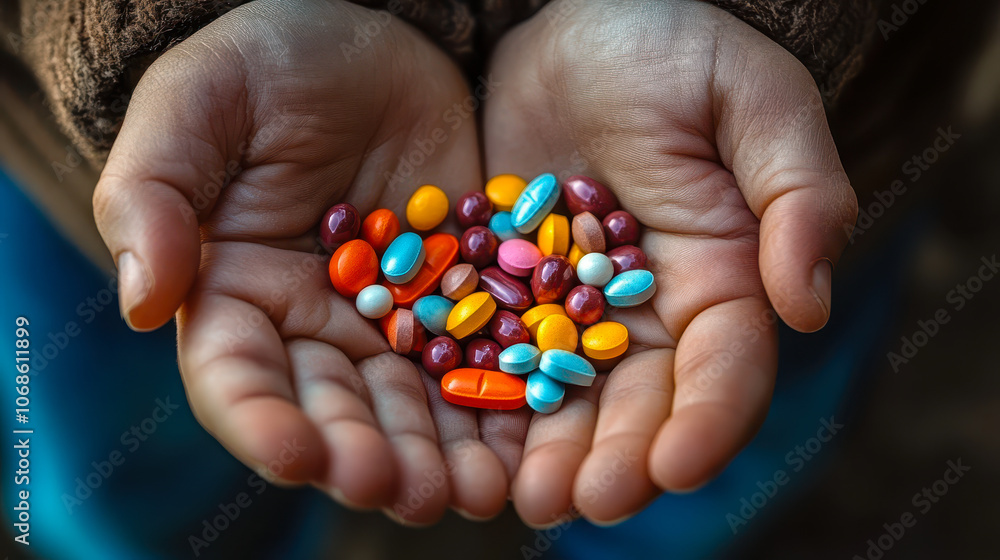 Child's Hands Holding Colorful Pills Symbolizing Health and Risk Awareness Child's Hands Holding Colorful Pills Symbolizing Health and Risk Awareness