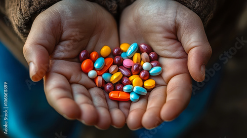 Child's Hands Holding Colorful Pills Symbolizing Health and Risk Awareness