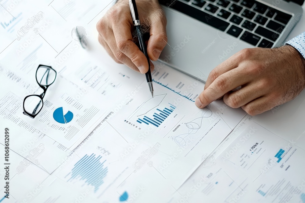 A person examines business data on a laptop with multiple graphs, symbolizing digital analytics, strategic planning, and comprehensive market research insights. A person examines business data on a laptop with multiple graphs, symbolizing digital analytics, strategic planning, and comprehensive market research insights.