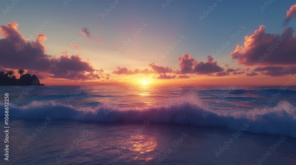 Fototapeta premium A breathtaking sunset casts vibrant colors over the ocean waves, creating a serene coastal atmosphere.