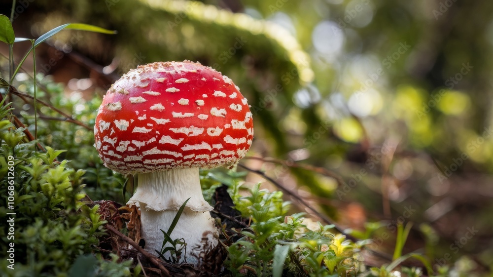 A photo of the Amanita muscaria mushroom, showing its famous bright red hat with white specks against a background of lush green moss and mottled sunlight making its way through the forest canopy. A photo of the Amanita muscaria mushroom, showing its famous bright red hat with white specks against a background of lush green moss and mottled sunlight making its way through the forest canopy.