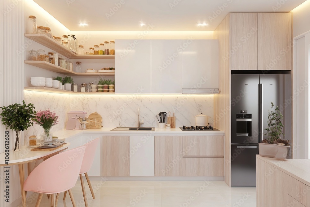 Fototapeta premium Modern Minimalist Kitchen with White Cabinets, Light Wood Accents, and Pink Chairs