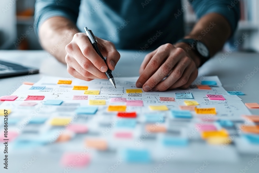 A person intensely engaged in brainstorming, writing on paper covered with colorful sticky notes, embodying creativity, organization, and planning strategies. A person intensely engaged in brainstorming, writing on paper covered with colorful sticky notes, embodying creativity, organization, and planning strategies.