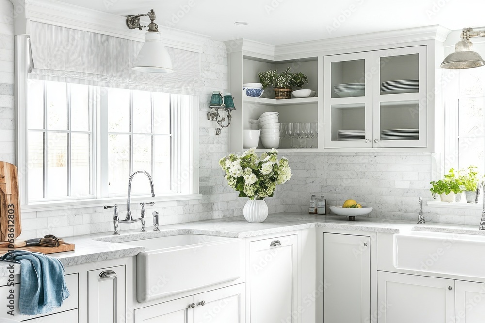 Fototapeta premium Modern White Kitchen with Farmhouse Sink and Window