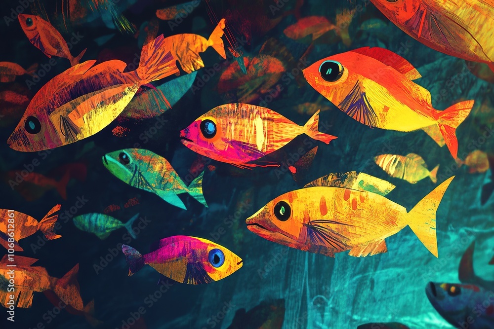 Naklejka premium Colorful fish in whimsical underwater illustration.