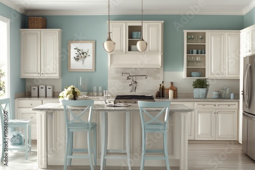 White Kitchen with Blue Accents and Island Bar photo