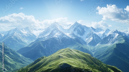 Breathtaking view of majestic snow-capped mountains under a clear blue sky, surrounded by lush green valleys.