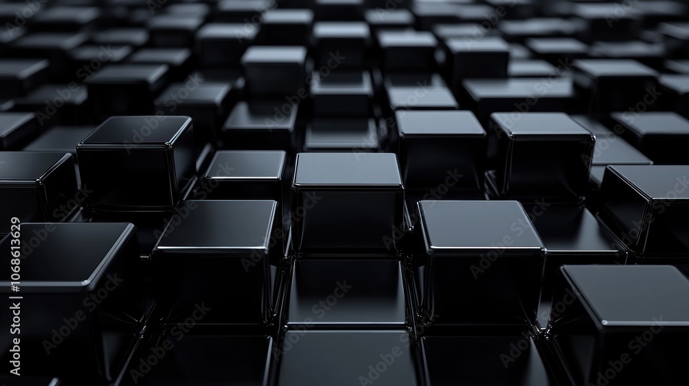 A mesmerizing array of glossy black cubes creating an intriguing pattern and depth in a dark setting. A mesmerizing array of glossy black cubes creating an intriguing pattern and depth in a dark setting.