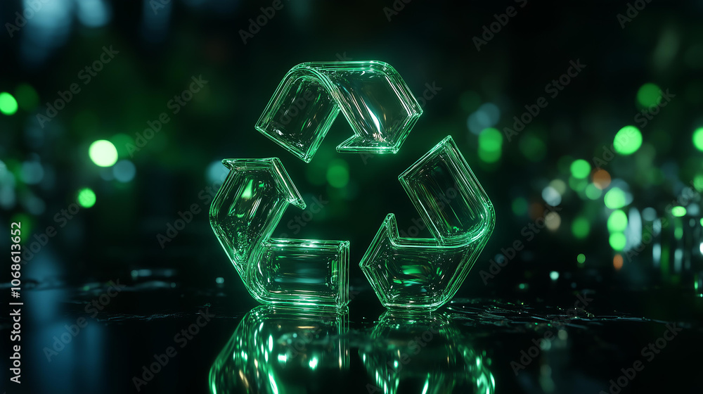 3D render of a glass recycling symbol on a dark background with reflections and bokeh lights. Green hologram icon for environmental protection, waste management concept. Green neon light sign. 3D render of a glass recycling symbol on a dark background with reflections and bokeh lights. Green hologram icon for environmental protection, waste management concept. Green neon light sign.