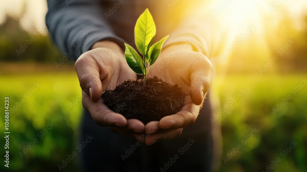Hands gently cupping a young plant sprouting from the soil in a vibrant sun dappled field representing the nurturing of new life environmental stewardship Hands gently cupping a young plant sprouting from the soil in a vibrant sun dappled field representing the nurturing of new life environmental stewardship