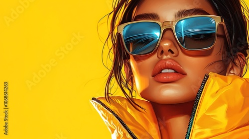 Stylish woman in sunglasses rocks bright yellow background