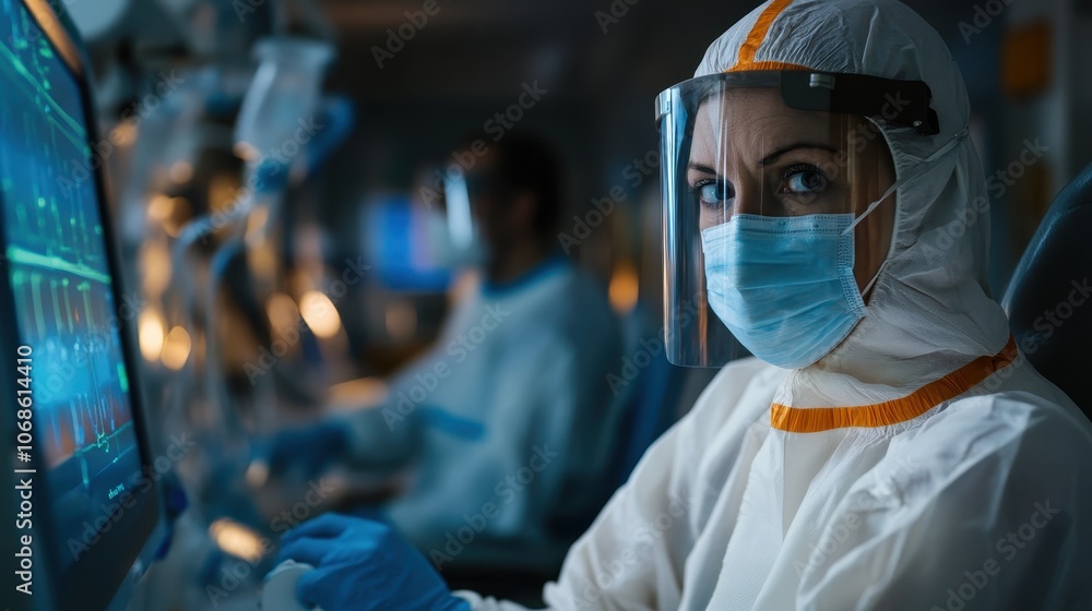 Healthcare workers in hazmat suits and protective gear analyzing COVID 19 data and research on digital screens in a hospital or laboratory setting during the global coronavirus pandemic outbreak Healthcare workers in hazmat suits and protective gear analyzing COVID 19 data and research on digital screens in a hospital or laboratory setting during the global coronavirus pandemic outbreak