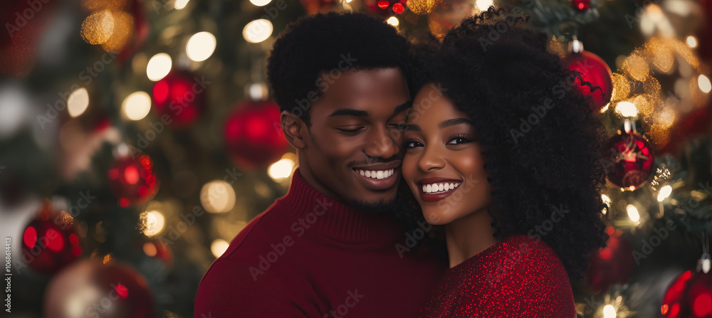 African American couple with natural hair, smiling in front of a Christmas tree decorated with red and gold ornaments. wearing a vibrant burgundy or red sweaters. African American couple with natural hair, smiling in front of a Christmas tree decorated with red and gold ornaments. wearing a vibrant burgundy or red sweaters.