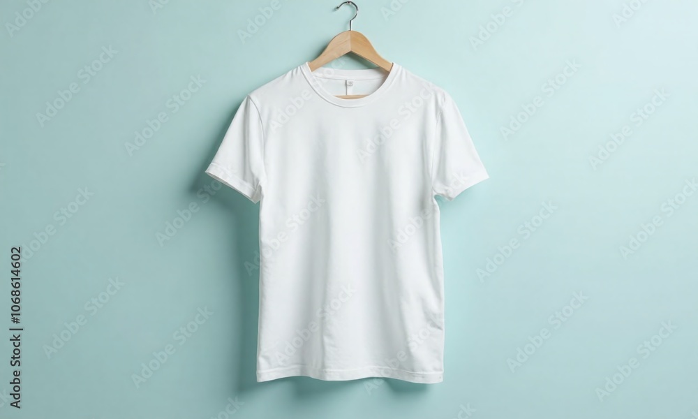 Mockup White t shirt wooden hanger pale background Mockup White t shirt wooden hanger pale background