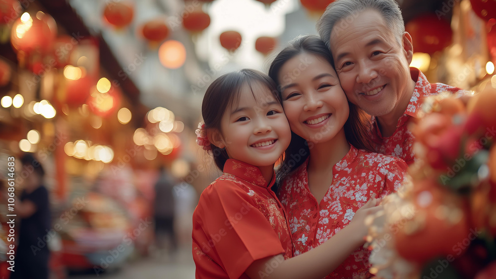 Asian girl with her family wearing traditional red Chinese , hugging and smiling at the camera in front of blurred festive decorations during the Chinese New Year celebration. In the background is a Asian girl with her family wearing traditional red Chinese , hugging and smiling at the camera in front of blurred festive decorations during the Chinese New Year celebration. In the background is a