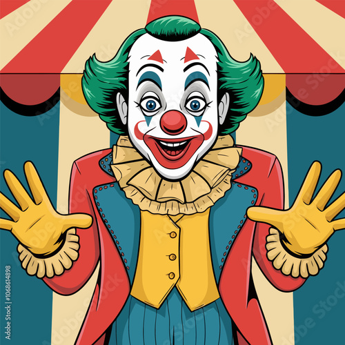 Cartoon clown character in colorful suit with open arms