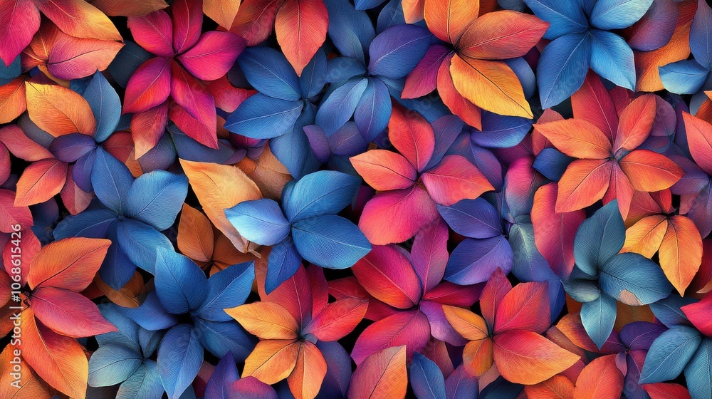 A vibrant abstract arrangement of colorful leaves in shades of blue, pink, and orange, creating a captivating display. A vibrant abstract arrangement of colorful leaves in shades of blue, pink, and orange, creating a captivating display.