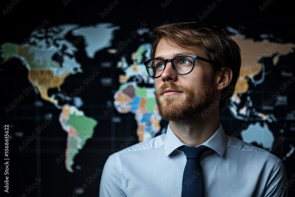 A confident individual with glasses stands in front of a colorful world map, symbolizing global perspective, knowledge, and thoughtful leadership potential. A confident individual with glasses stands in front of a colorful world map, symbolizing global perspective, knowledge, and thoughtful leadership potential.